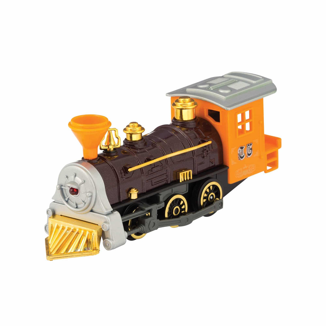 locomotive train with black base and orange compartment 