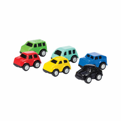 mini diecast cars in 6 different colors: teal, yellow, red, green, blue, red and black 