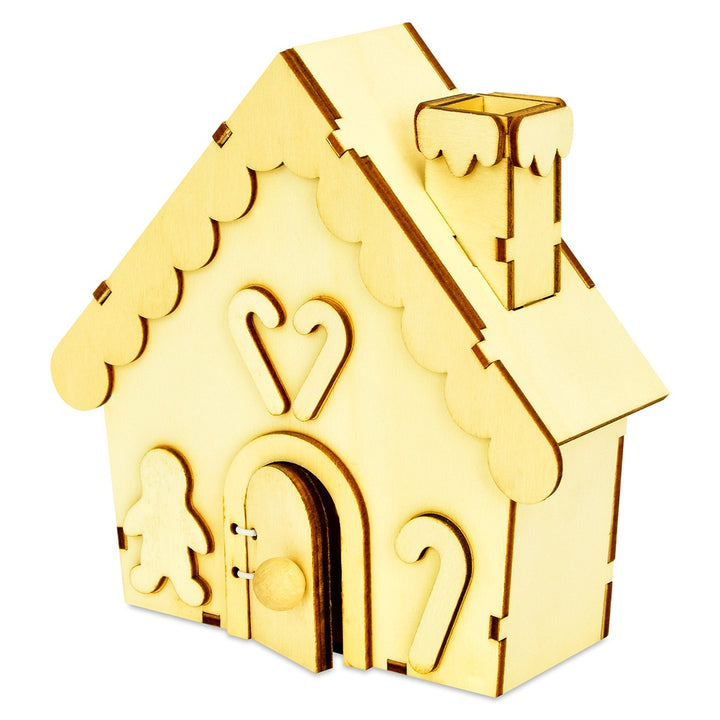 Gold-colored gingerbread house-shaped made of wood for decorating on a white background