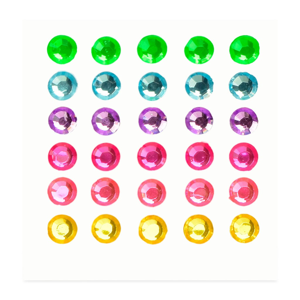 Colorful gemstones arranged in a grid on a white background