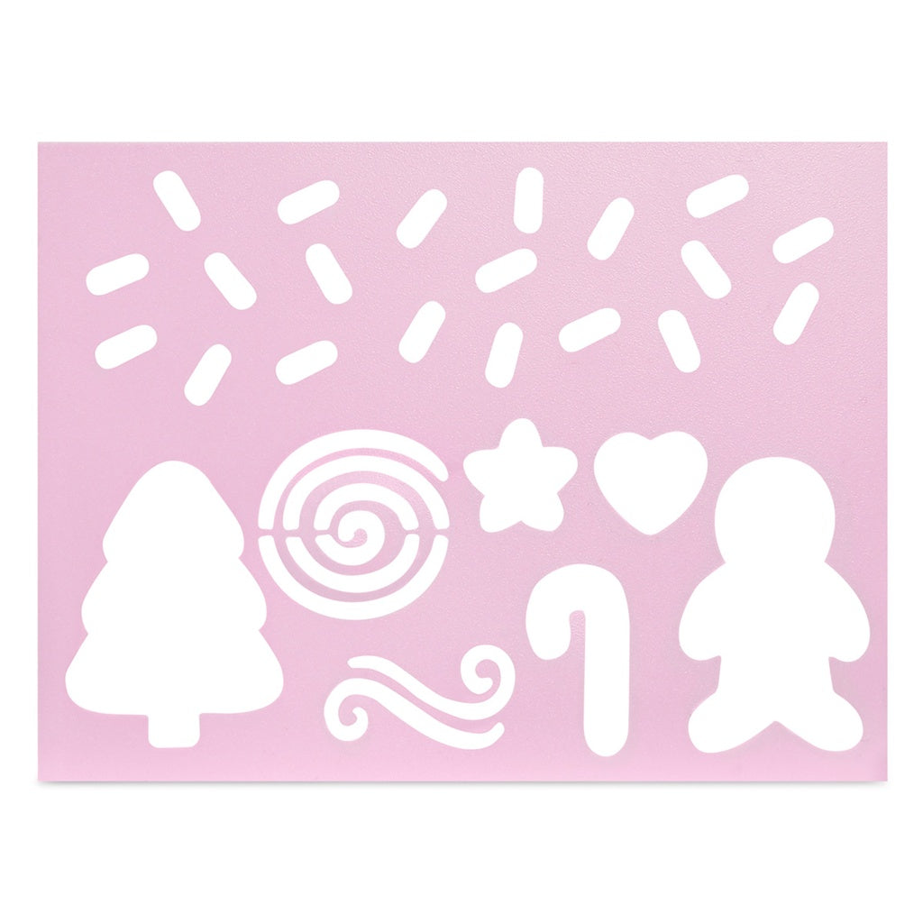 lavender stencils of Christmas-themed shapes on a pink background