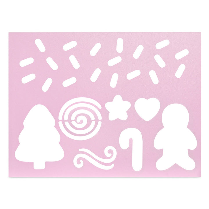 lavender stencils of Christmas-themed shapes on a pink background