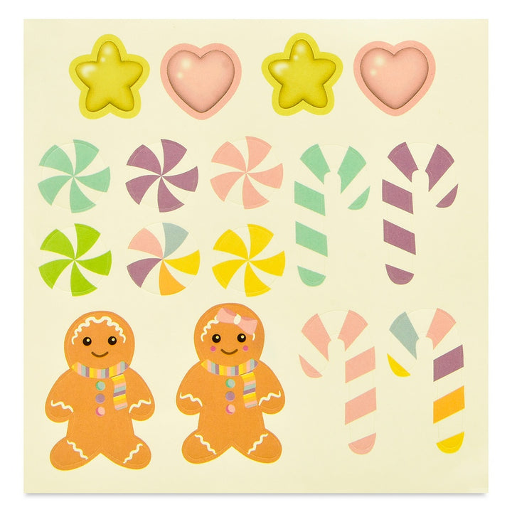 Set of colorful candy-themed stickers including stars, hearts, gingerbread men, and candy canes on a beige background.