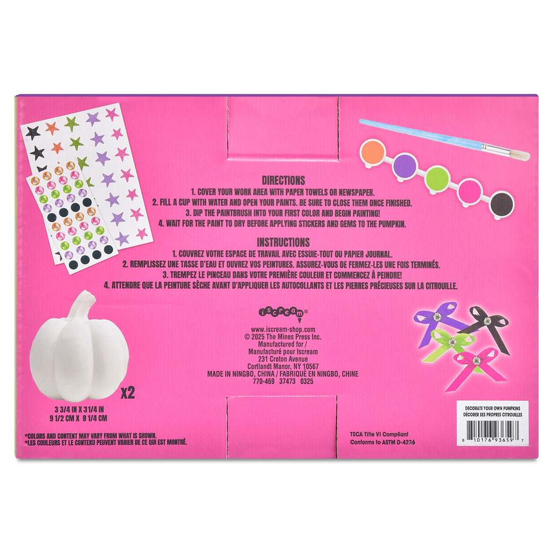 back of Pink packaging with white pumpkin decorations and star stickers on a white background