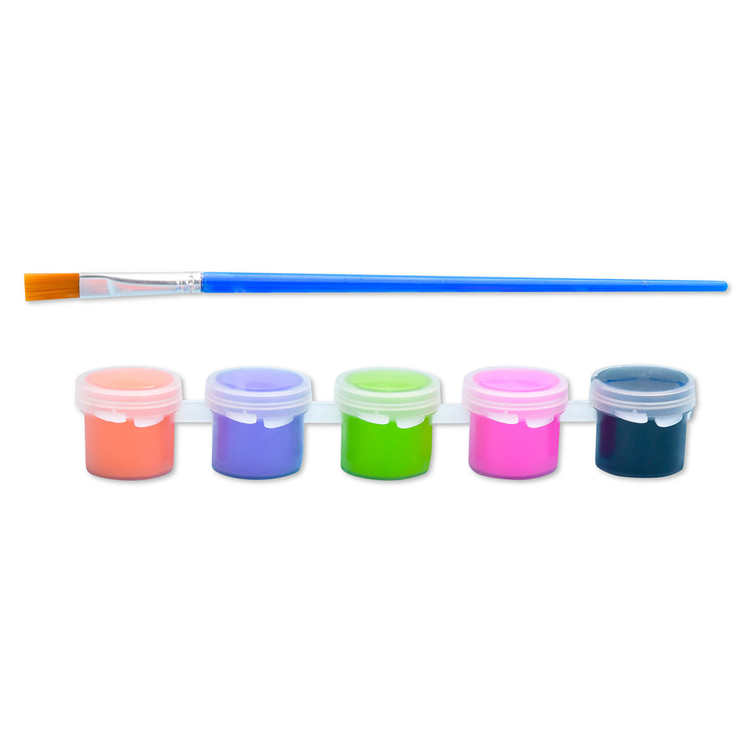 Set of colorful paint containers with a paintbrush on a white background