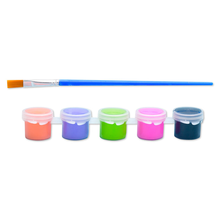 Set of colorful paint containers with a paintbrush on a white background