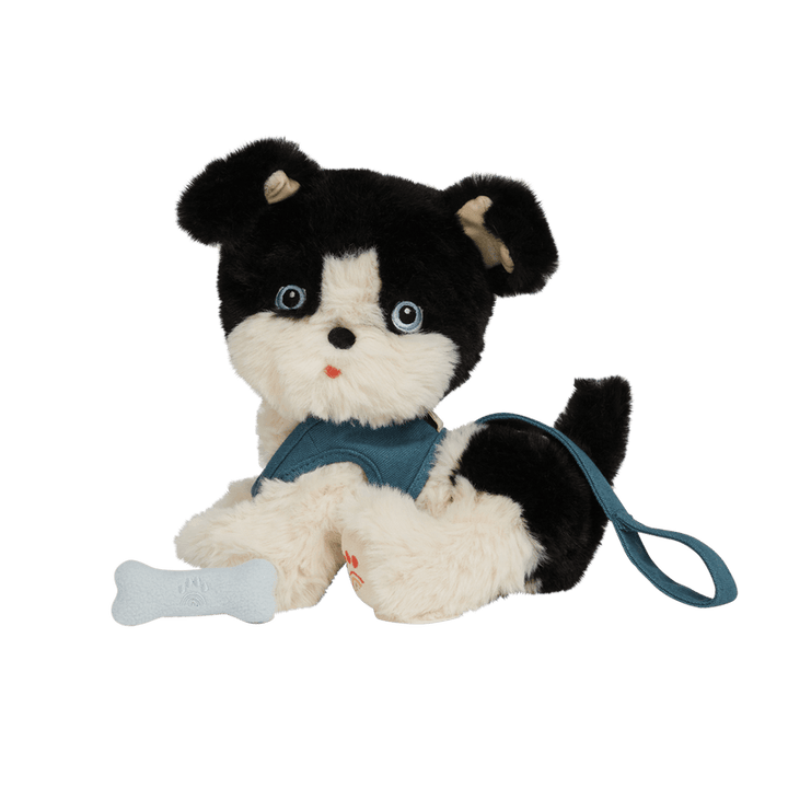 stuffed dog that comes with a leash that is blue and a bone that sticks to his mouth with a magnet. the dog is black and white in color