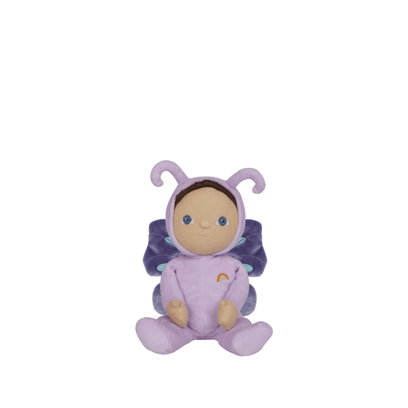 small dinky dinkum doll, lavender outfit, dressed as a butterfly with wings and antennae. 