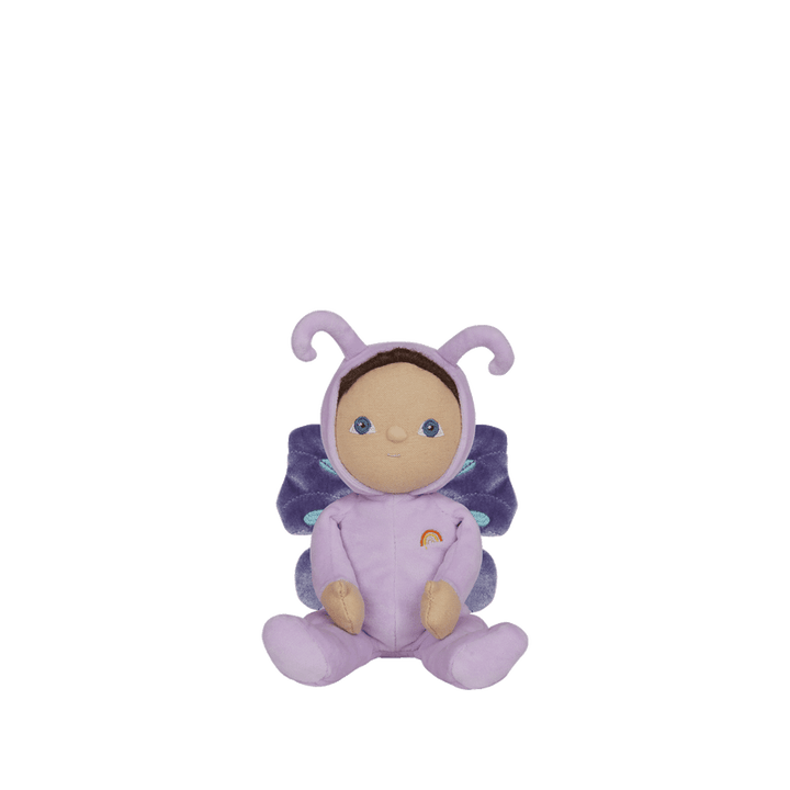 small dinky dinkum doll, lavender outfit, dressed as a butterfly with wings and antennae. 