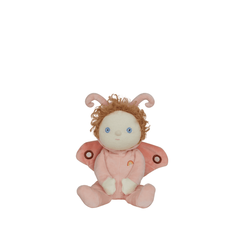 soft baby doll dressed as a pink moth with antannae and wings
