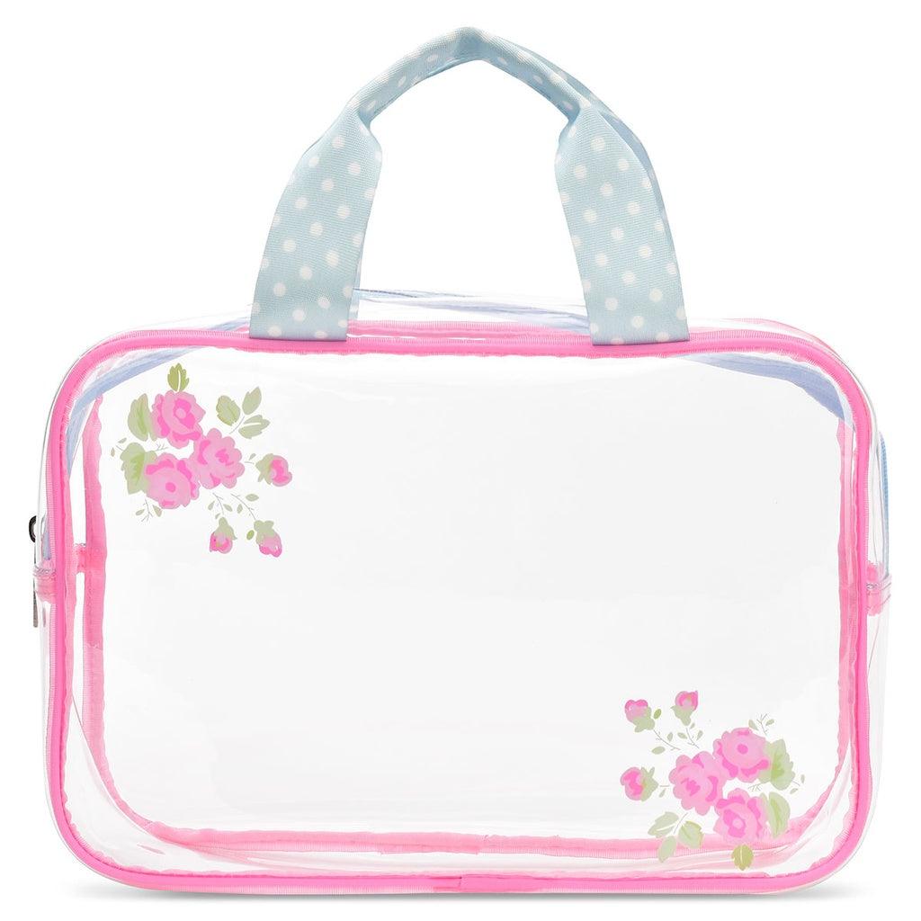 plastic cosmetic case with pink flowers on the case with blue handles 