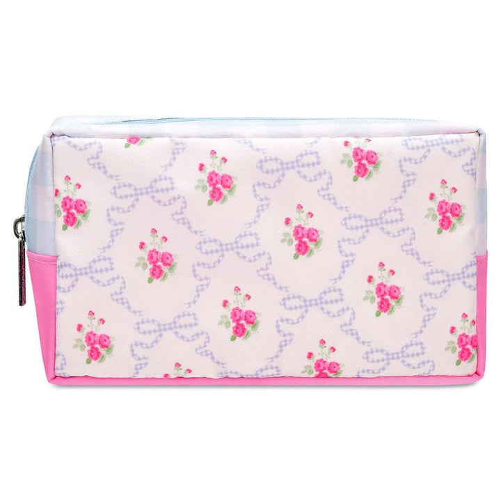short and wide cosmetic case white background with blue ribbons and pink flowers