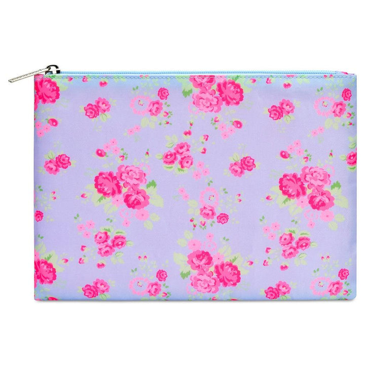 tall and thin cosmeticcase blue color with pink small roses all over it. 