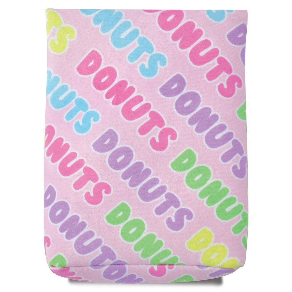 The back of a Donut to go bag that says Donuts all over it. 