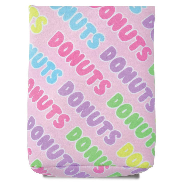 The back of a Donut to go bag that says Donuts all over it. 