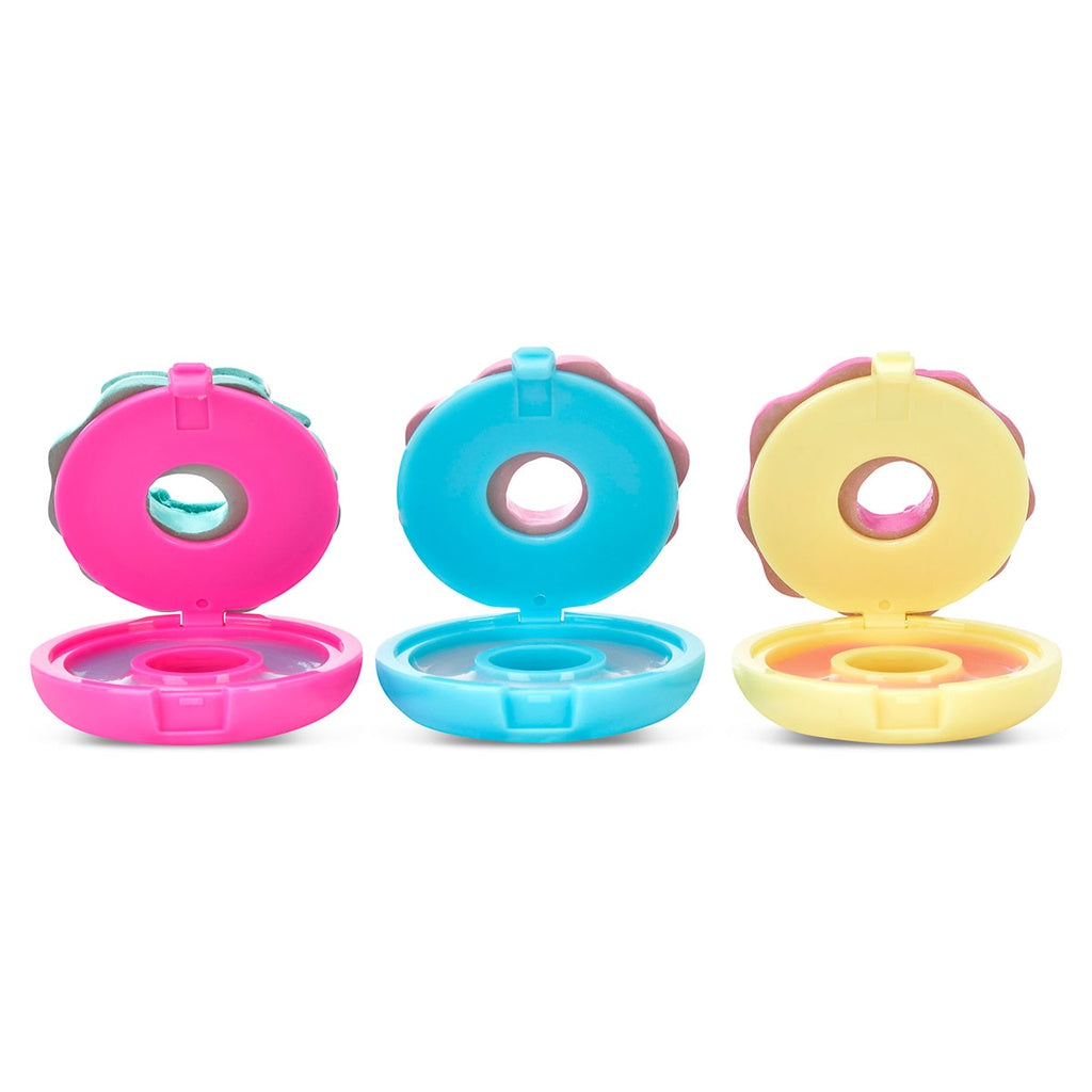 Three colorful circular toys with open tops on a white background