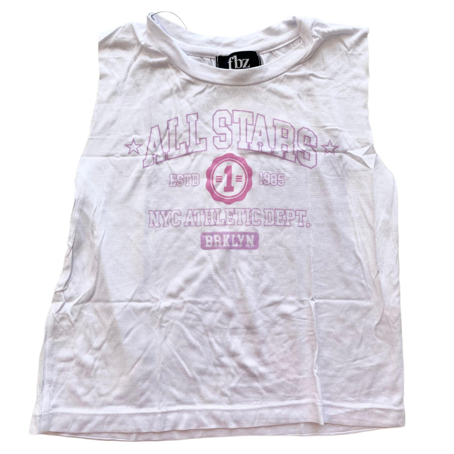 white tank with pink writing on the front: 'All Stars, NYC Athletic Dept, BKLN ' written on it 