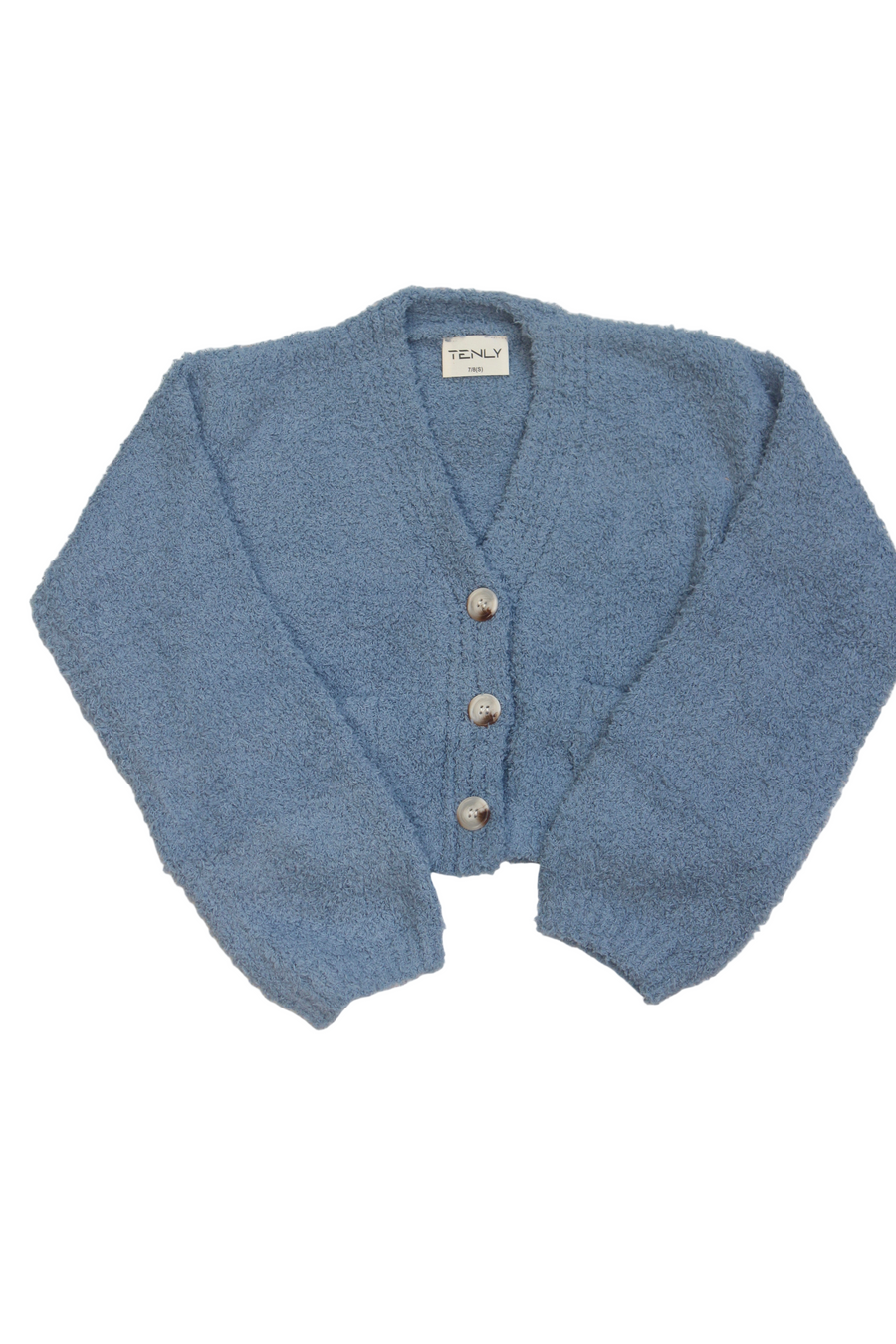 Blue knitted cardigan with buttons on a white background