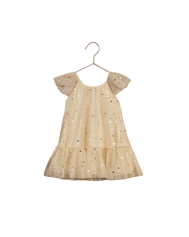 girls dress, champagne color tulle covered in gold stars!