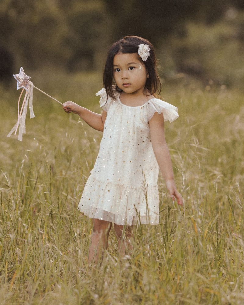 the dress is modeled on a young child. this dress shows where the sleeve hits the young girl on her arm and where it hits just above the knee. 