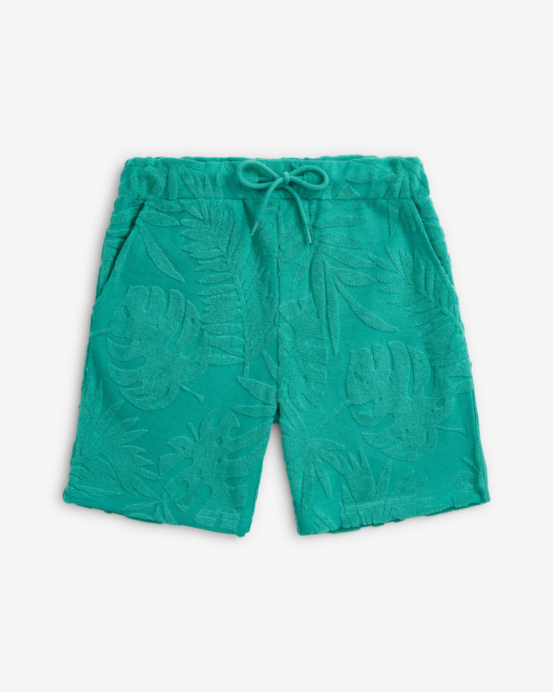 Teal shorts with leaf pattern on a white background