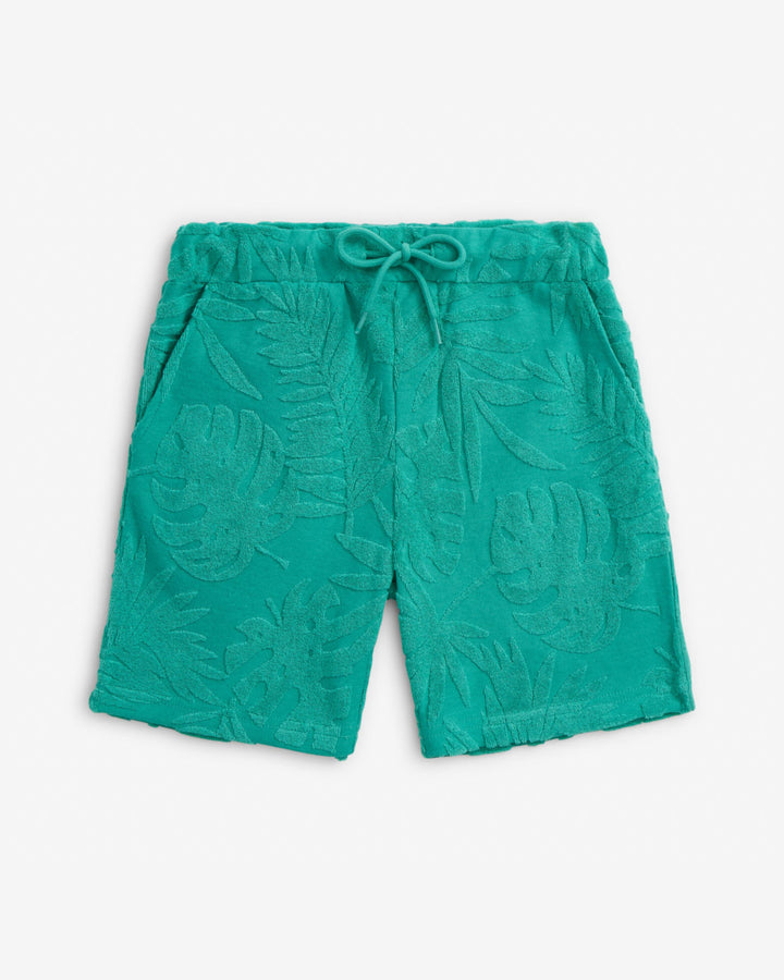 Teal shorts with leaf pattern on a white background