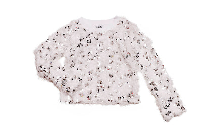 Fuzzy Textured White Sweater with Silver Metallic Embellishments from MIA New York. 