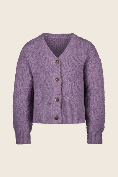 Like Flo Lavender Deau Cardigan with buttons. The v-neck cardigan has a rib knit detailing. 