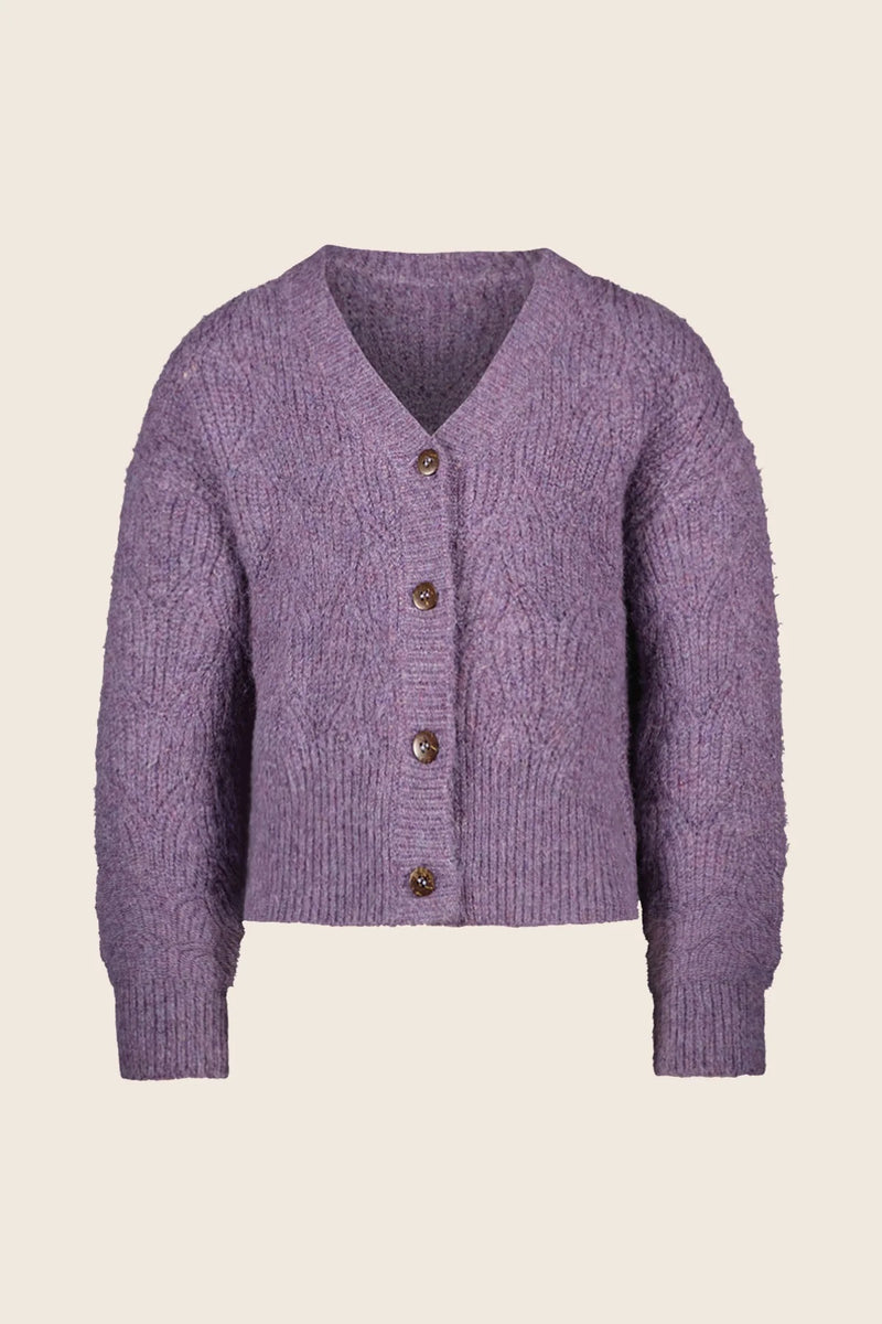 Like Flo Lavender Deau Cardigan with buttons. The v-neck cardigan has a rib knit detailing. 