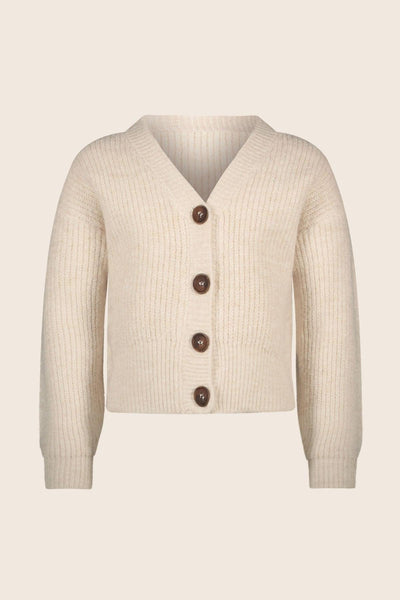 Knitted Natural V-Neck Cardigan from Like Flo with wooden buttons.