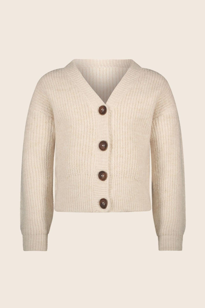 Knitted Natural V-Neck Cardigan from Like Flo with wooden buttons.