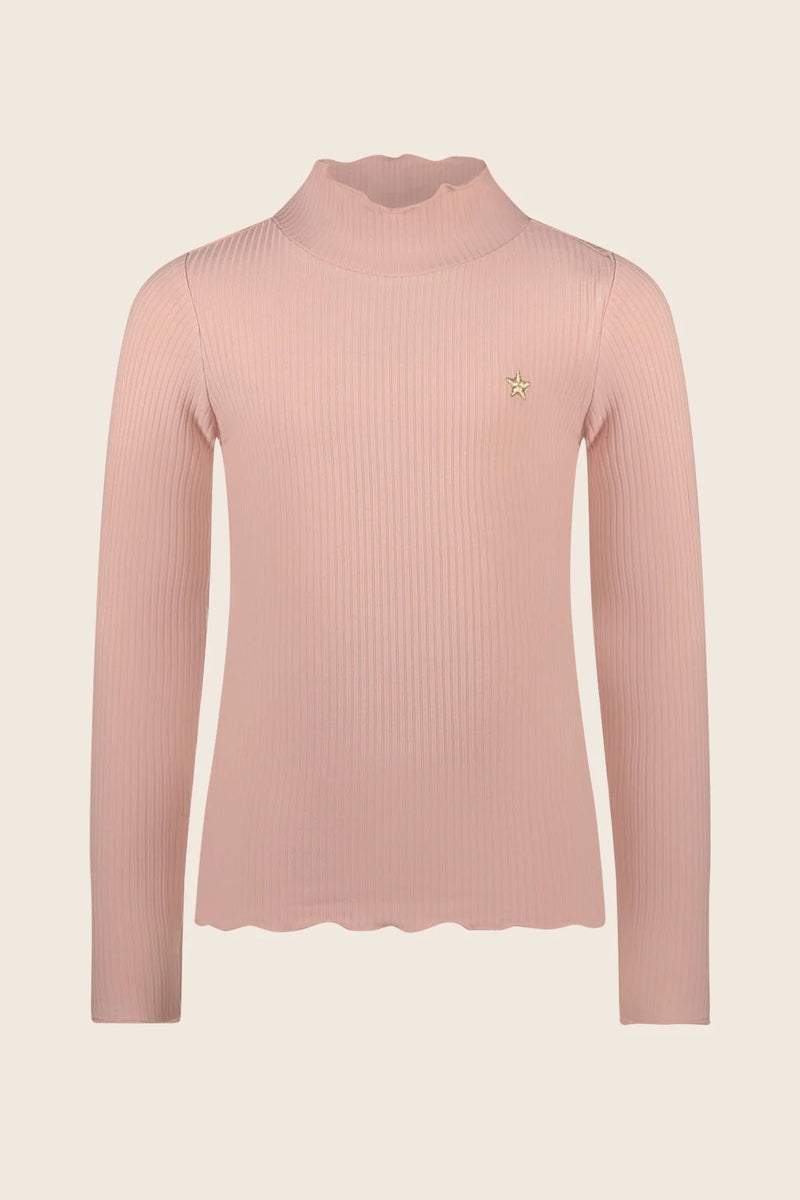 Eef Mock Neck Ribbed Top from Like Flo in Light Pink.  The top has lettuce edging on neckline, cuff and hem.