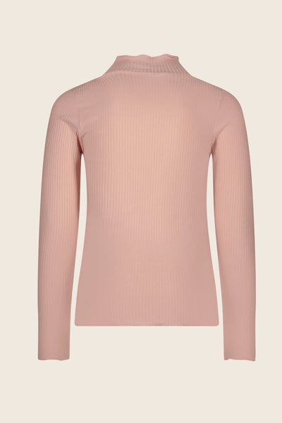 The Back of Eef Mock Neck Ribbed Top from Like Flo in Light Pink.  The top has lettuce edging on neckline, cuff and hem.