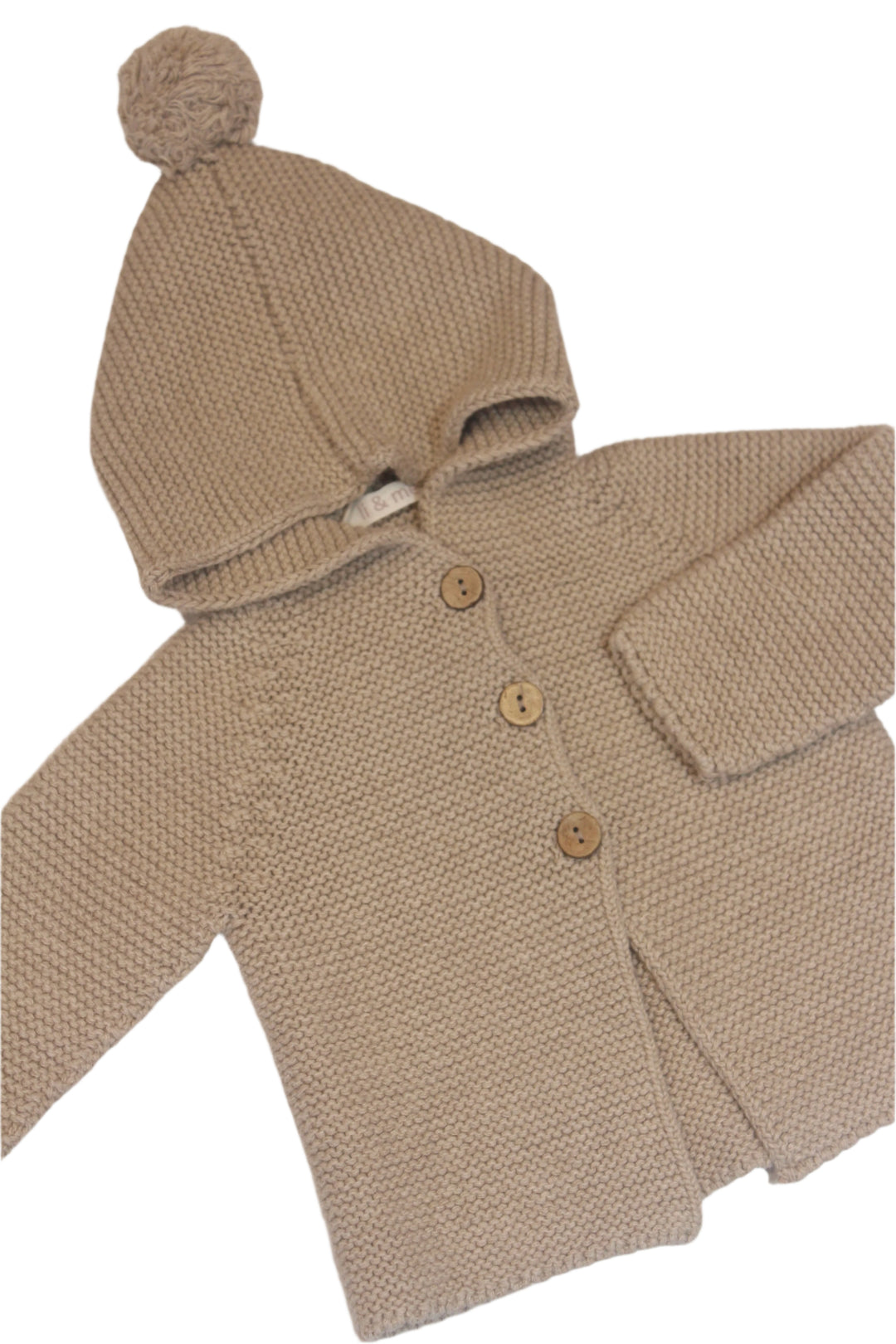 knit baby sweater with hood and pom pom attached to the hat. 3 buttons at the top of the sweater. toasted beige/light brown brown color. 