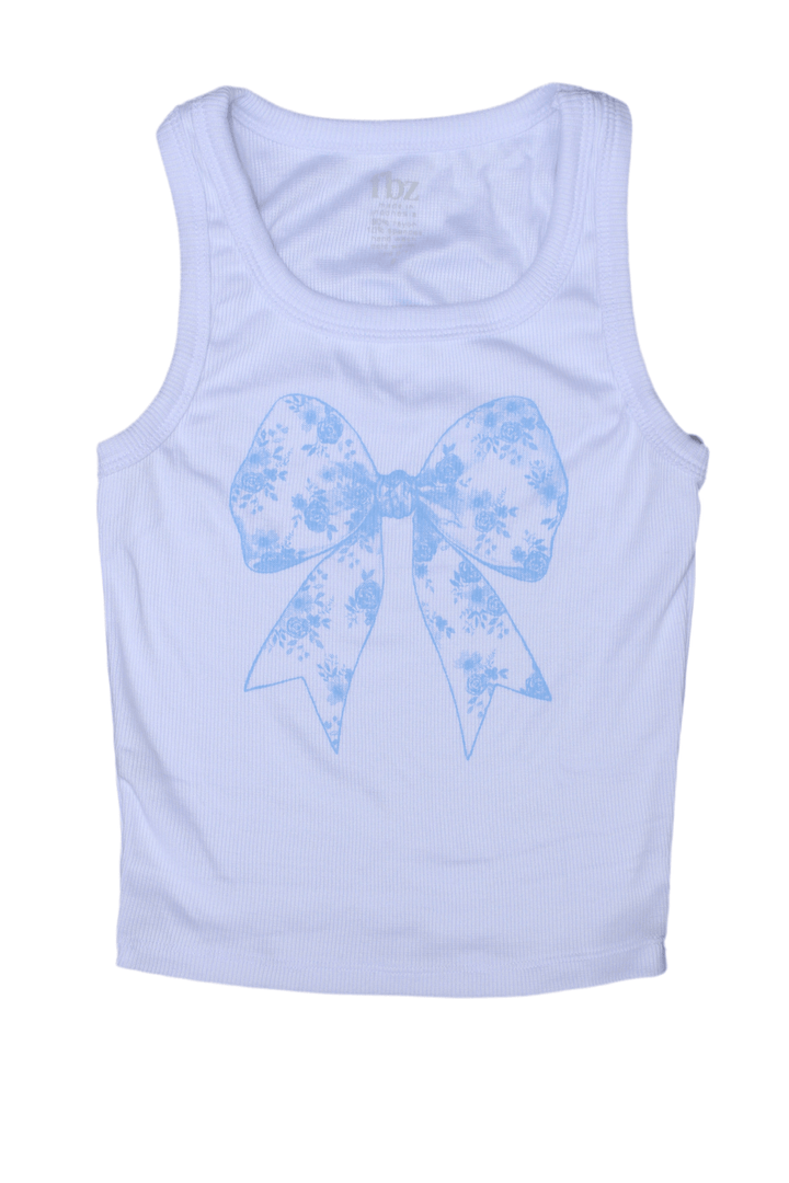 white ribbed tank with blue coquette bow with blue floral print inside. 