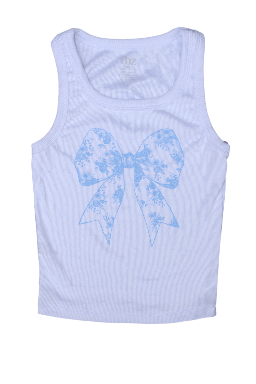 white ribbed tank with blue coquette bow with blue floral print inside. 