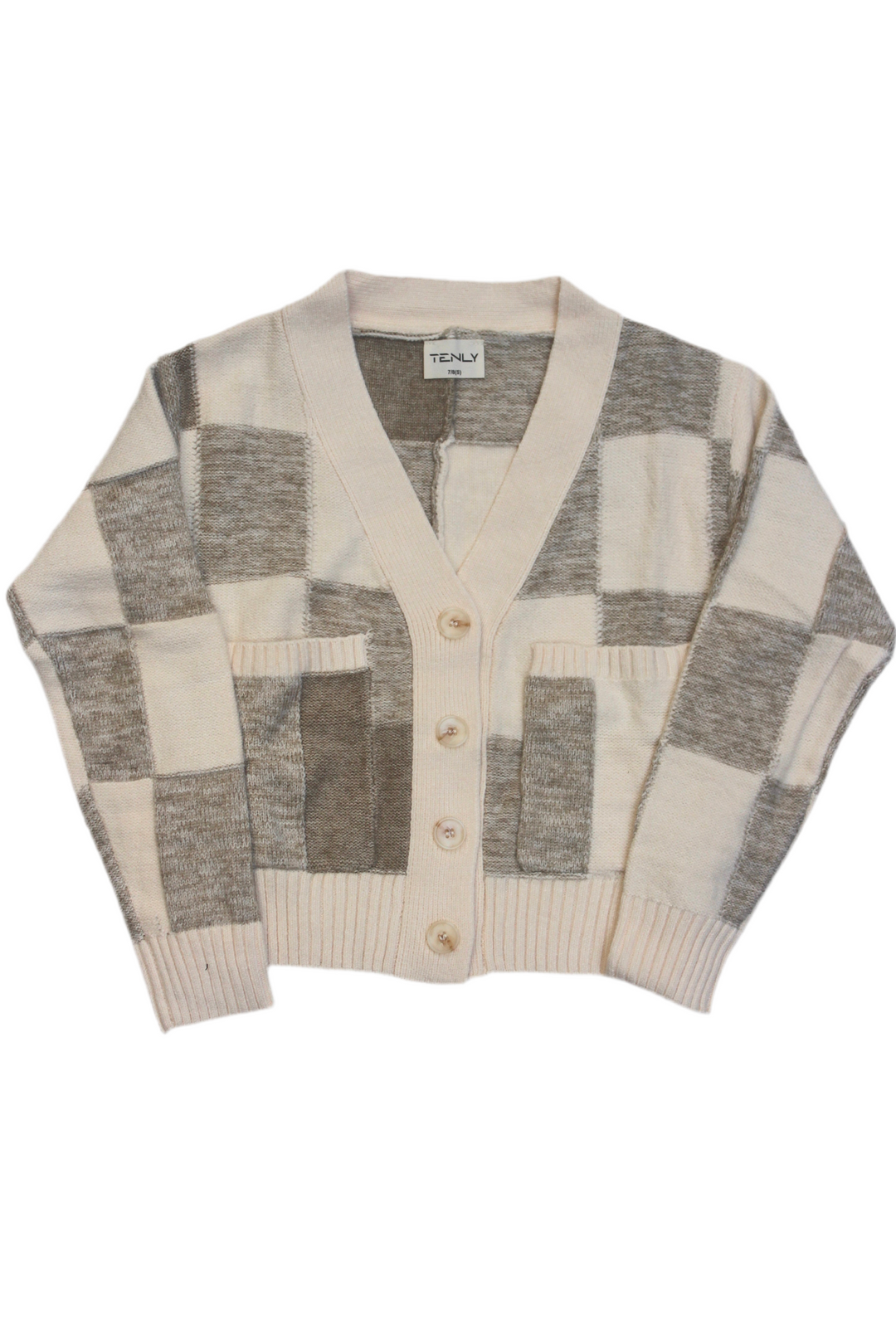 Checkered pattern cardigan with buttons on a white background