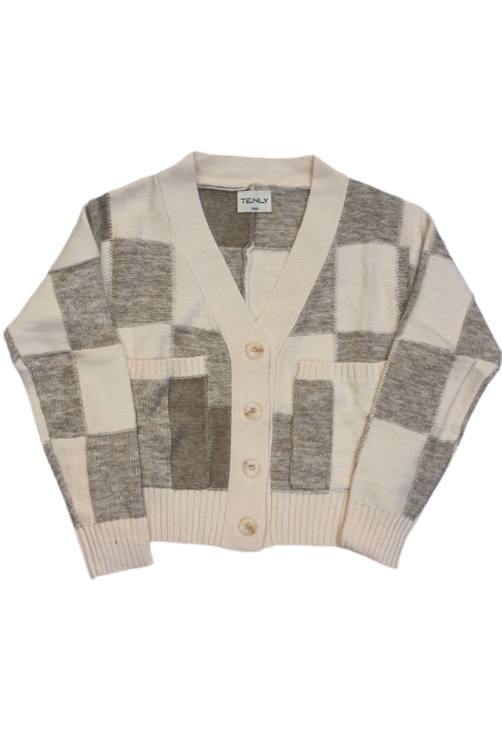 Checkered pattern cardigan with buttons on a white background