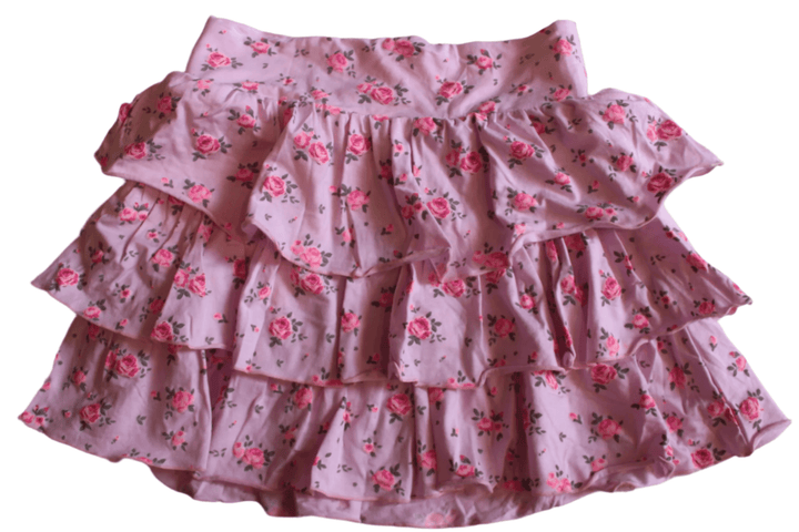 pink tiered ruffle skirt with hot pink tiny roses all over it. 