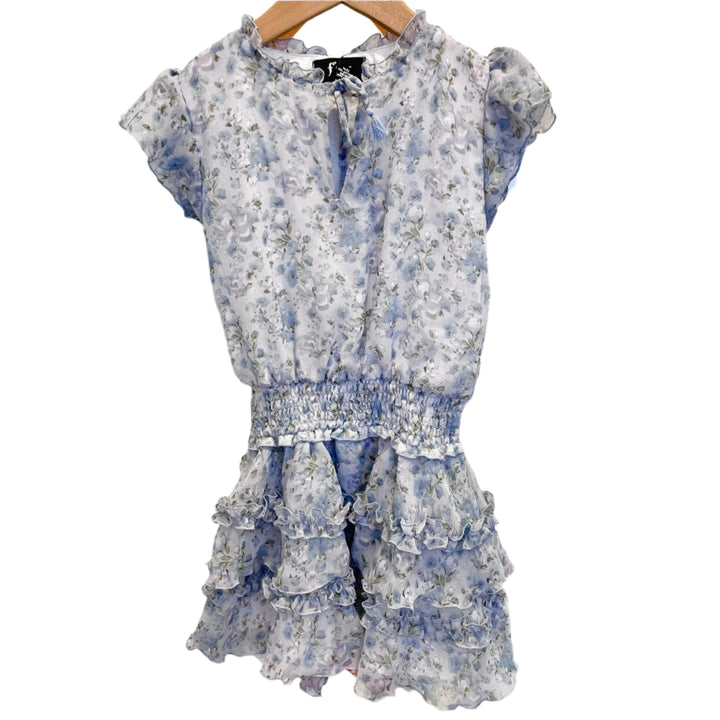 small floral liberty style flower print all over the dress. the dress is chiffon with elastic waist and ruffle detailing all over the dress. 