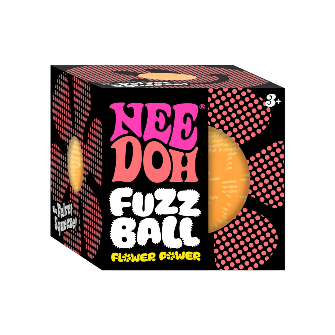 Box of Nee Doh Fuzz Ball with pink and white text on a black background