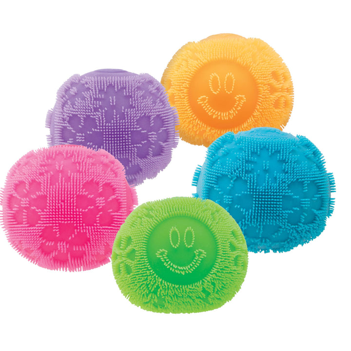 Five colorful squish toy balls with textured surfaces on a white background