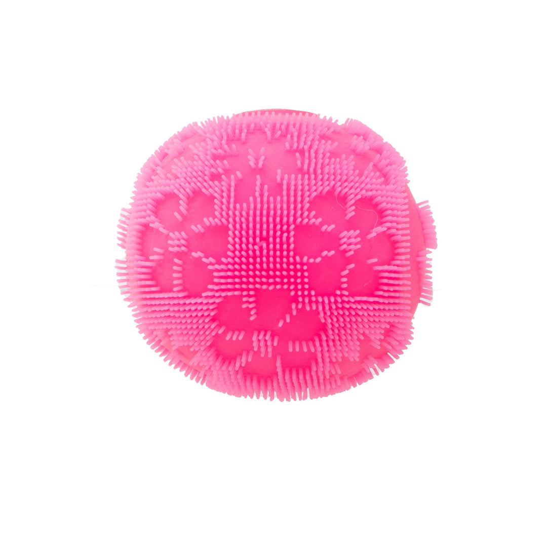 Pink silicone squish toy on a white background