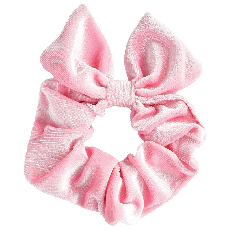 picture of pink velvet scrunchie with bow attached to it. 