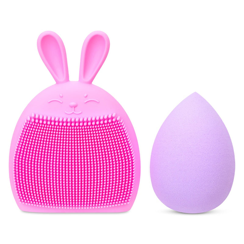 pink scrubber brush that looks like a bunny and purple sponge