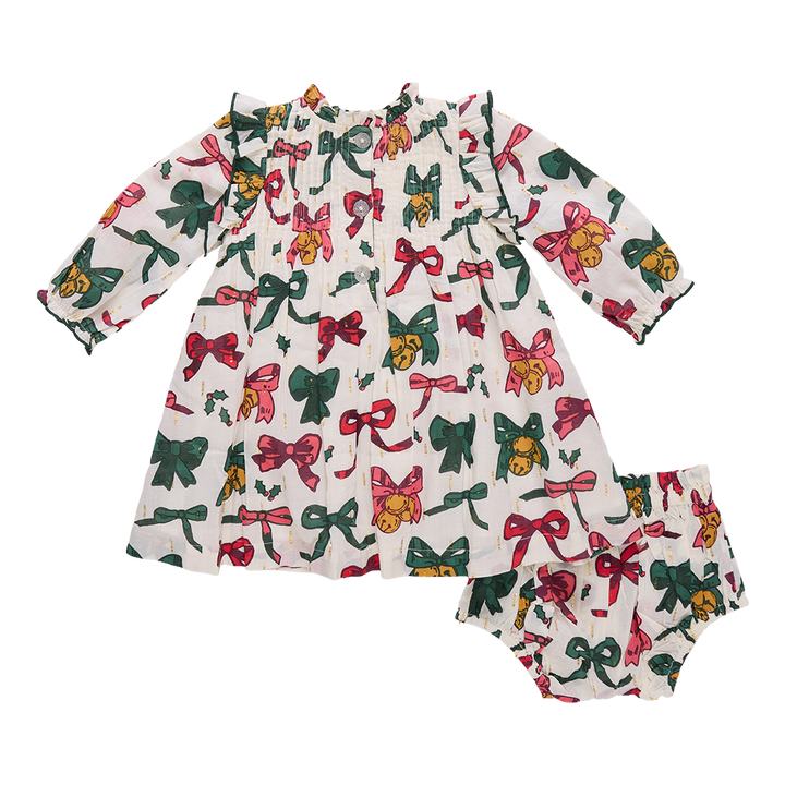 Baby outfit with long-sleeve dress and bloomers featuring colorful bow pattern on a white background