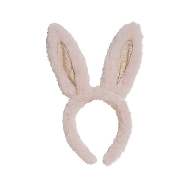 pink fluffy bunny ears with polka dots in the lining of the ears. 