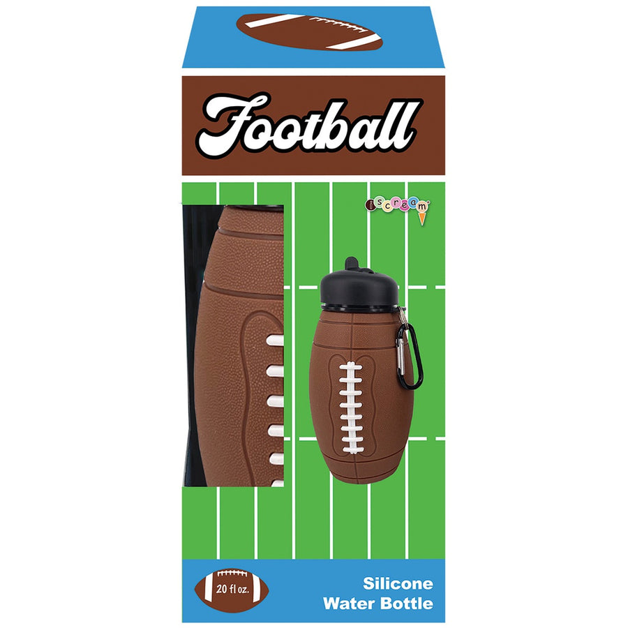 Football-shaped silicone water bottle with packaging on a white background