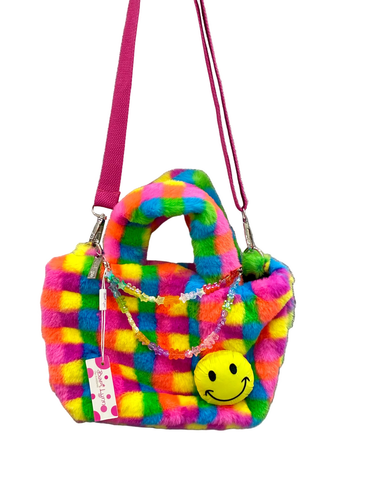 Handbag | Furry Multicolor Plaid Bag with Smiley Face | Bari Lynn Accessories