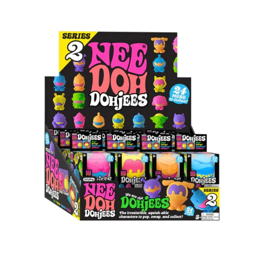 Box of Nee Doh Dohjees toys with colorful characters on a white background